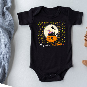 Mein 1. Halloween-Outfit Kürbis und schwarze Katze Baby Strampler