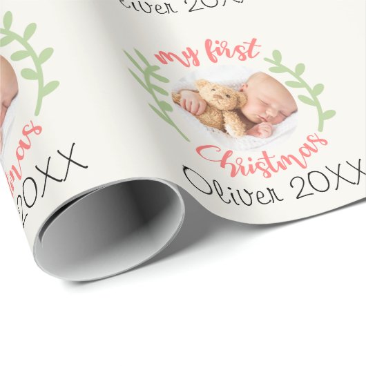 Mein 1. Weihnachtsjunge Name FOTO Wreath Geschenkpapier (Rolleneckpunkt)