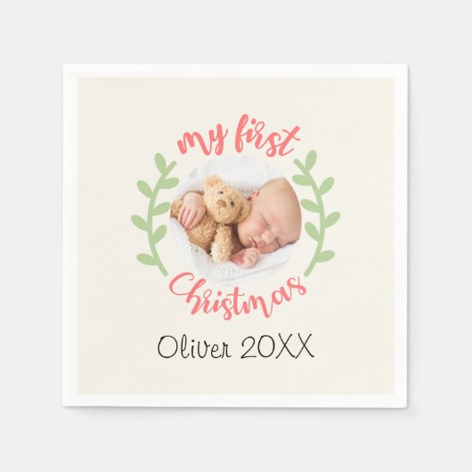 Mein 1. Weihnachtsjunge Name FOTO Wreath Holiday Serviette (Vorderseite)