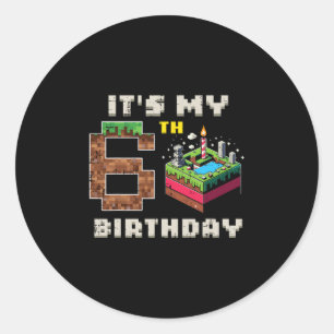 Mein 6. Geburtstag Pixel-Spiel 6 Kuchen Video-Spie Runder Aufkleber