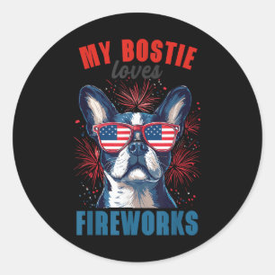 Mein Boston Terrier liebt Feuerwerk 4. Juli Hund Runder Aufkleber