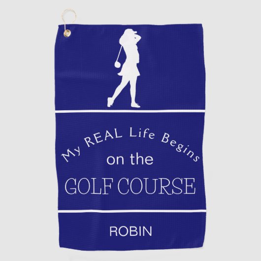 Mein echtes Leben beginnt auf dem Golfplatz Lila Golfhandtuch (Vorderseite)