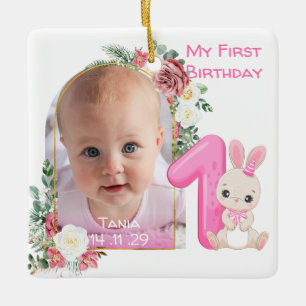 Mein erster Geburtstag Rosa Baby Mädchen Foto flor Keramikornament