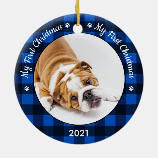 Mein erster Karierter Hund zu Weihnachten Welpen F Keramik Ornament (Hinten)