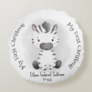 Mein erster Weihnachts-Individuelle Name Zebra Wei Rundes Kissen