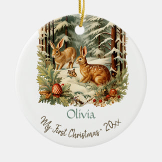 Mein erster Weihnachts Niedlicher Vintager Bunnies Keramik Ornament