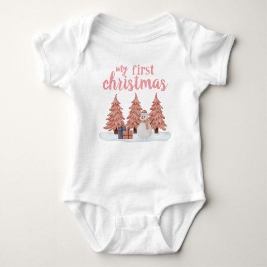 Mein erster Weihnachts Pink Trees Snowman und Gesc Baby Strampler (Vorderseite)