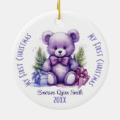 Mein erster Weihnachtsbär Lila Individuelle Name Keramik Ornament (Hinten)