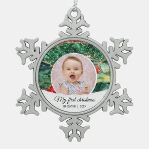 Mein erster Weihnachtsfest-Glitzer Schneeflocken Zinn-Ornament