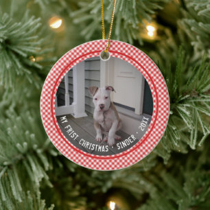 Mein erster Weihnachtshund-Haustier-Rot-Gingham-An Keramik Ornament