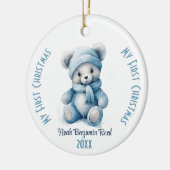 Mein erster Weihnachtsjunge Individuelle Name Blau Keramik Ornament (Links)