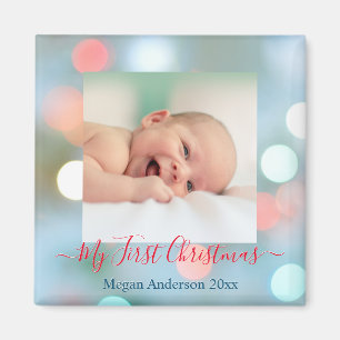 Mein erster Weihnachtsname Datum Foto Rot/Bl Text Magnet