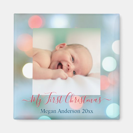 Mein erster Weihnachtsname Datum Foto Rot/Bl Text Magnet (Vorne)