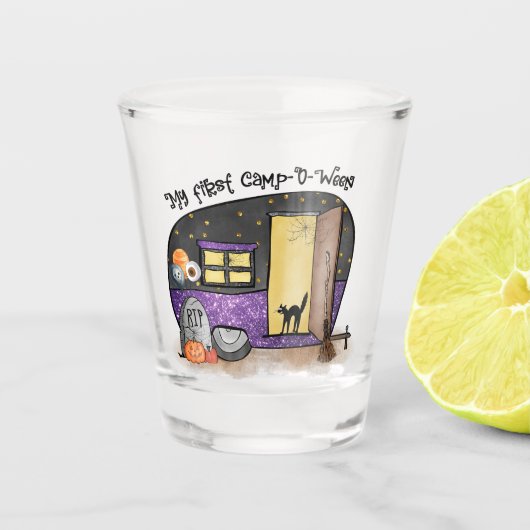 Mein erstes Camp-O-Ween | Halloween-Camping Schnapsglas (Vorderseite)