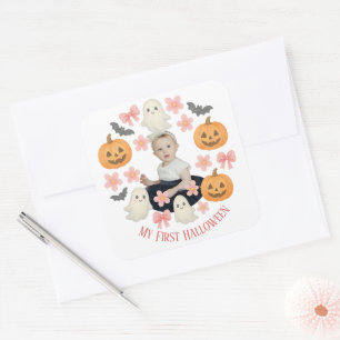 Mein erstes Halloween   Niedlicher Pumpkin & Ghost Quadratischer Aufkleber