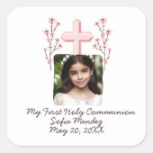 Mein erstes heiliges Kommunion Custom Foto Floral Quadratischer Aufkleber (Vorderseite)