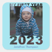 Mein erstes Jahr 2023 Modernes Cutout Baby Foto Bl Quadratischer Aufkleber (Vorderseite)