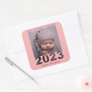 Mein erstes Jahr 2023 Modernes Cutout Baby Foto Co Quadratischer Aufkleber