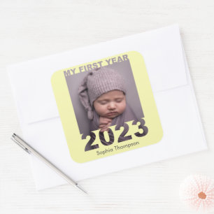 Mein erstes Jahr 2023 Modernes Cutout Baby Foto ge Quadratischer Aufkleber