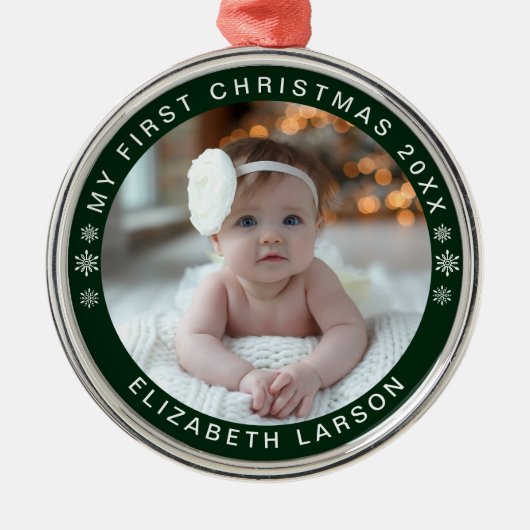 Mein erstes Personalisiertes Baby Foto Green Ornament Aus Metall (Vorne)