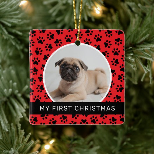 Mein erstes Red Custom Puppy Foto zu Weihnachten Keramikornament (Baum)