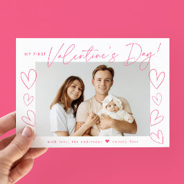 Mein erstes Valentinstag Rosa-Script-Foto Feiertagskarte