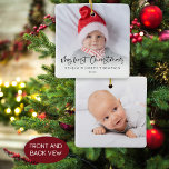 Mein erstes Weihnachten 2 Fotos Script Baby Keramikornament<br><div class="desc">Mein erstes Weihnachten 2 Fotos Script Baby Girl oder Boy Name and Year. Großartiges Geschenk. Ein spielerisches Set-Skript für My First Christmas und einfach zu personalisieren mit dem Namen Ihres Babys und das Jahr und ersetzen Sie die Probe Fotos auf jeder Seite mit Ihren eigenen Favoriten. Auf der Vorderseite befindet...</div>