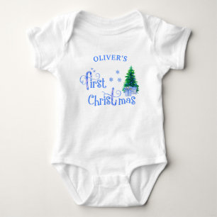 Mein erstes Weihnachten Blau Weihnachtsbaum und Ge Baby Strampler