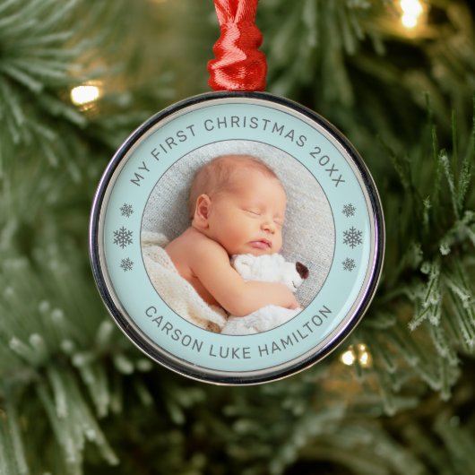 Mein erstes Weihnachts-Aqua-Personalisiert-Baby-Fo Ornament Aus Metall (Baum)