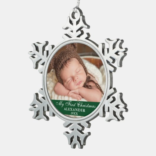 Mein erstes Weihnachts-Baby-Foto Green Schneeflocken Zinn-Ornament (Rechts)