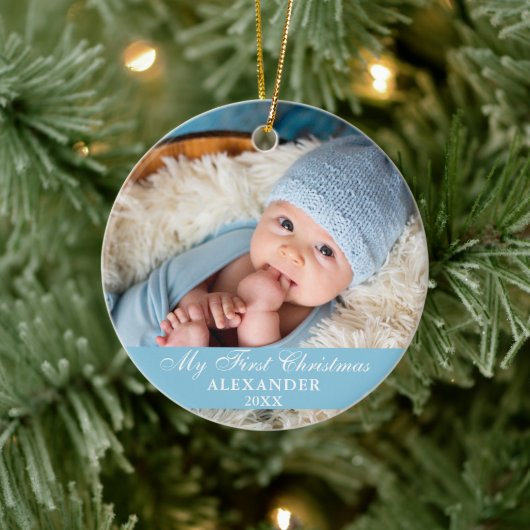 Mein erstes Weihnachts-Baby-Foto Light Blue Keramik Ornament (Baum)