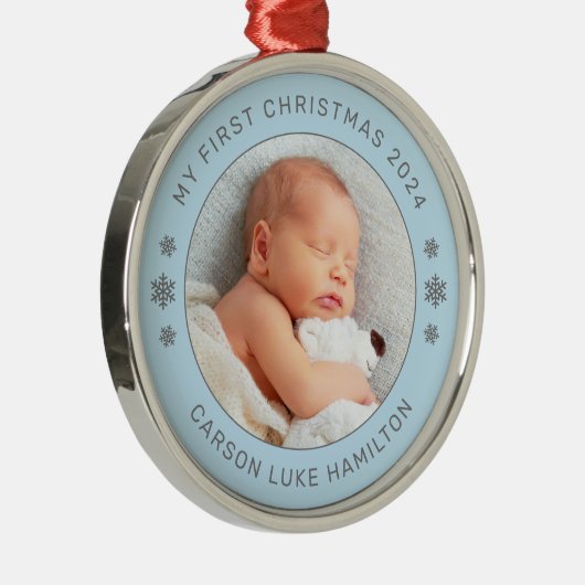 Mein erstes Weihnachts-Blue-Personalisiert-Baby-Fo Ornament Aus Metall (Rechts)