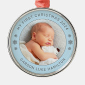 Mein erstes Weihnachts-Blue-Personalisiert-Baby-Fo Ornament Aus Metall (Vorne)