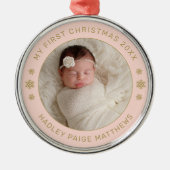 Mein erstes Weihnachts-Blush Gold Custom Baby Foto Ornament Aus Metall (Vorne)