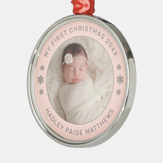 Mein erstes Weihnachts-Blush-Personalisiert-Baby-F Ornament Aus Metall (Links)