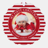 Mein erstes Weihnachts-Foto Rote Streifen Ornament Karte (Vorderseite)