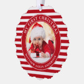Mein erstes Weihnachts-Foto Rote Streifen Ornament Karte (Links)