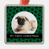 Mein erstes Weihnachts-Green-Custom-Puppy-Foto Ornament Aus Metall (Vorne)