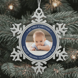 Mein erstes Weihnachts-Modernes Baby-Foto Navy & W Schneeflocken Zinn-Ornament