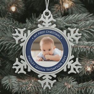 Mein erstes Weihnachts-Modernes Baby-Foto Navy & W Schneeflocken Zinn-Ornament