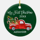 Mein erstes Weihnachts Red Truck Candy Canes Baby Keramik Ornament (Hinten)