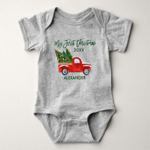 Mein erstes Weihnachts Red Truck Green Script Grau Baby Strampler