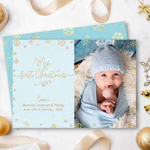 Mein erstes Weihnachtsbaby-Foto Aqua Blau echtes G Folien Feiertagskarte