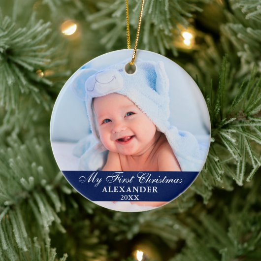 Mein erstes Weihnachtsbaby Foto Blue Keramik Ornament (Baum)