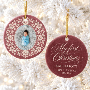Mein erstes Weihnachtsbaby-Foto Burgunderrose Flor Keramik Ornament