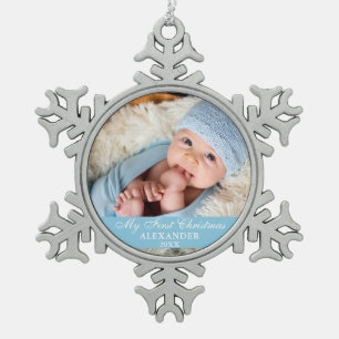 Mein erstes Weihnachtsbaby-Foto Light Blue Schneeflocken Zinn-Ornament