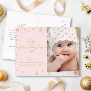 Mein erstes Weihnachtsbaby Foto Pink Chic Real Gol Folien Feiertagspostkarte