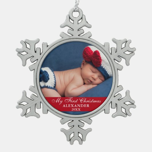 Mein erstes Weihnachtsbaby-Foto Red Schneeflocken Zinn-Ornament (Vorderseite)