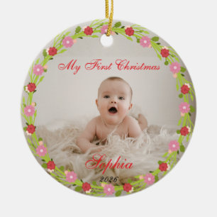 Mein erstes Weihnachtsbaby-Foto Rosa Blumenmuster Keramik Ornament