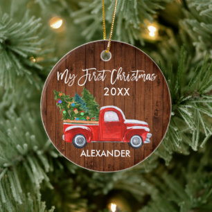 Mein erstes Weihnachtsbaum Vintag Red Truck Baby Keramik Ornament